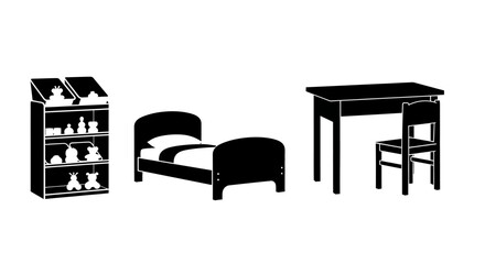Black silhouettes of child's bedroom furniture with chair bookshelf filled bedroom bed desk interior decor toys © Prema