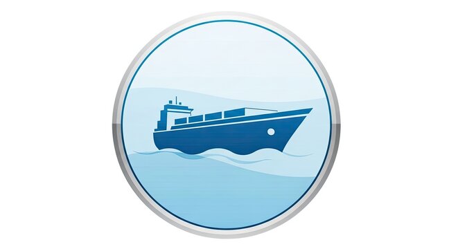Circular blue cargo ship icon on ocean waves.