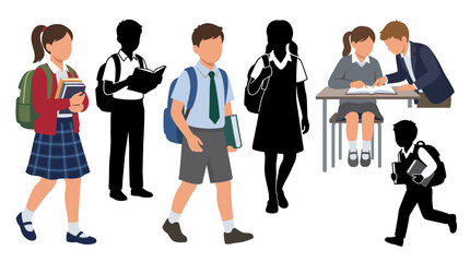 Obraz premium Set of vector collection featuring different children wearing school uniforms, carrying backpacks, holding books, standing in school poses, walking to class, studying together, boys and girls