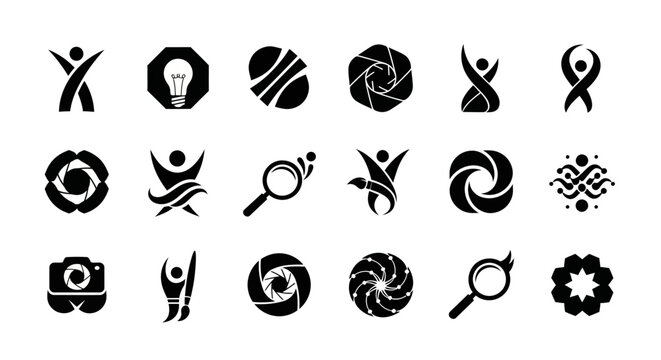 Collection of creative black vector logos featuring camera apertures magnifying glasses lightbulbs and abstract human figures designed for branding