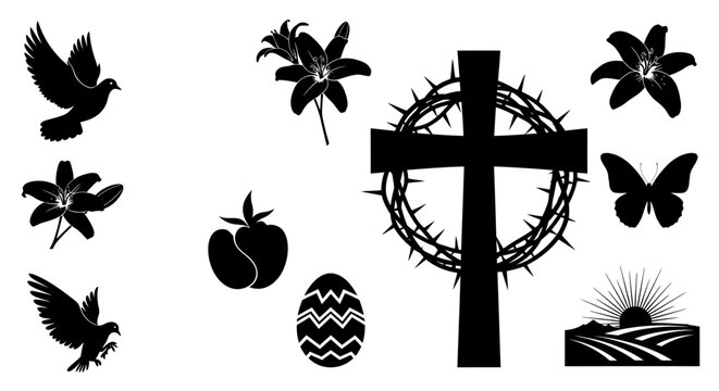 Black silhouette vector set featuring religious christian symbols easter eggs lilies doves and butterfly icons on white background with presents collection black