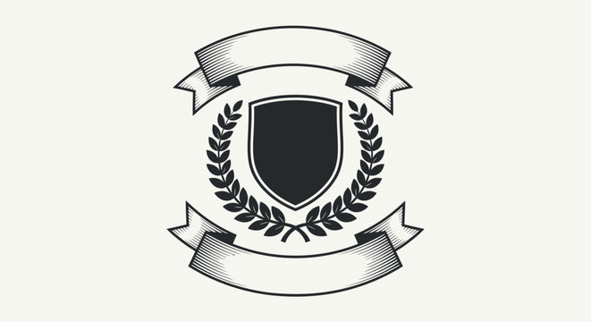 Vintage shield emblem with laurel wreath with illustration shield surrounded black white illustration adorned two ribbons heraldry graphic with element