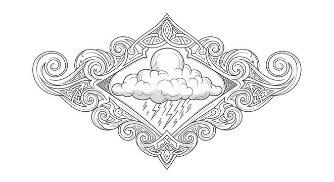 Cloud and lightning line art in ornate frame.