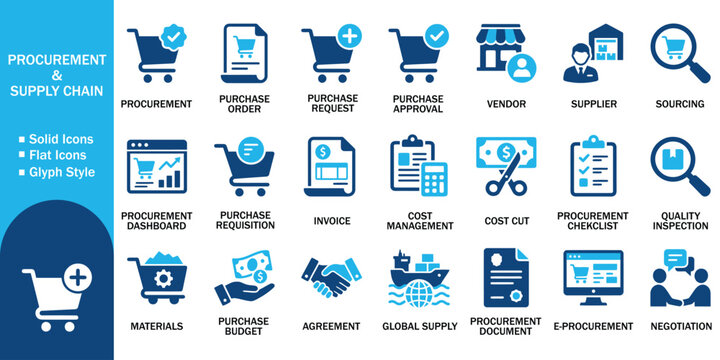 Procurement and supply chain solid icon set with purchase management symbols. Vector illustration of vendor supplier sourcing, cost cut, quality inspection, e-procurement and contract agreement.