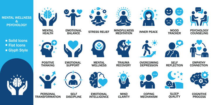 Mental wellness and psychology solid icon set with brain health care symbols. Vector illustration of mindfulness meditation, trauma recovery, emotional balance, therapy counseling, self discipline.