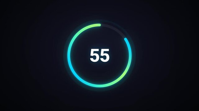 Neon glowing circular 60-second countdown timer with gradient stroke. Modern glowing circular countdown progress bar animation from 60 to 1 seconds