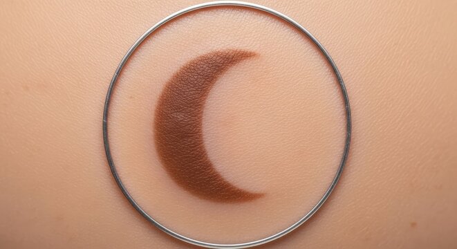 Crescent moon symbol inside a circular metal frame.