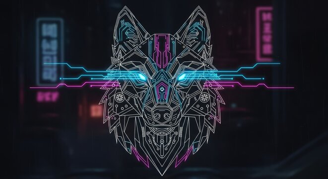 Cybernetic wolf head with glowing blue circuit lines.