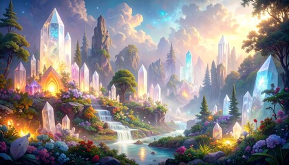 Enchanted Crystal Forest with Glowing Waterfalls and Mystical Light. © Muhammad