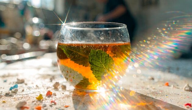 Mint leaves float in a glass of herbal tea in a bright room during the day