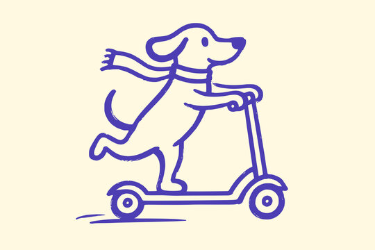 Hand Drawn Dog Riding Kick Scooter Playful Vector Illustration