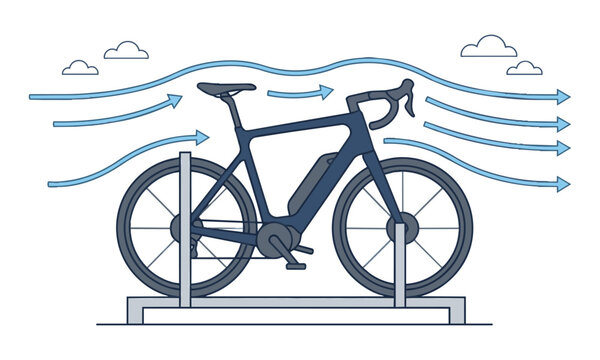 Side profile of an electric bicycle on a metal test stand with aerodynamic air flow arrows isolated on a white background, minimalist transportation design concept