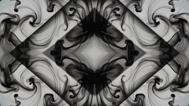 Black Ink Dissolving in Water Creating Symmetrical Organic Patterns with Soft Lighting