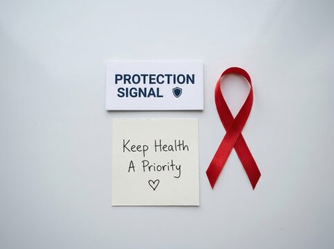 Red ribbon symbol with keep health a priority note and protection signal message on white background, promoting world aids day awareness and hiv prevention support for global healthcare campaigns now.