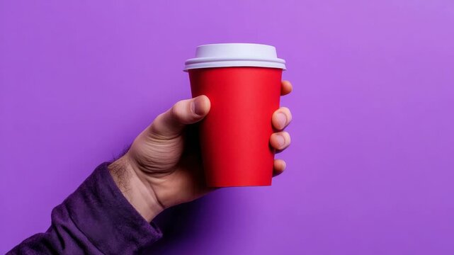 Hand grips red disposable cup with white lid. Purple background creates bold contrast. Simple, clean composition ideal for commercial use. Perfect for coffee, beverage, or lifestyle imagery