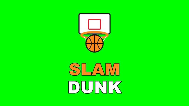 4K green screen SLAM DUNK animated text - a basketball slamming through the hoop, kinetic typography sports highlight overlay for game day and social media, chroma key