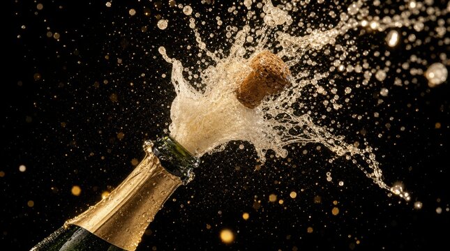 Champagne bottle popping with cork and bubbly liquid spraying out, captured mid-explosion against a dark background.