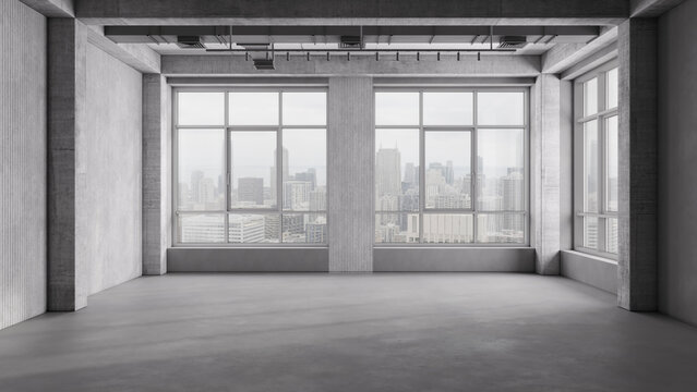 Empty industrial concrete loft with panoramic window and city view