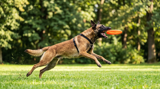 Malinois dog frisbee jump with orange disc in green park. Active Malinois dog frisbee play shows agility, focus, and athleticism. Playful Malinois dog frisbee image for pet training, sports promotion.