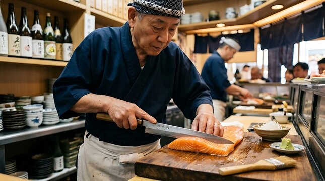 Japanese sushi chef slicing fresh salmon fillet for sashimi inside a traditional restaurant kitchen counter
