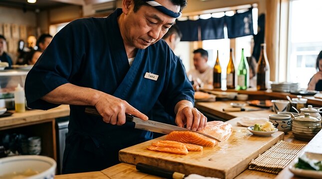 Japanese sushi chef carefully slicing fresh salmon fish fillet on a wooden cutting board at an authentic restaurant counter