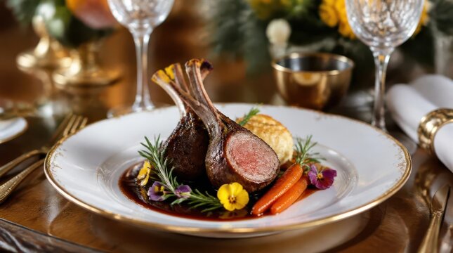 Exquisite presentation of perfectly cooked lamb chops, adorned with vibrant rosemary, colorful edible blossoms, and a rich reduction sauce, served elegantly on a white plate with gold trim