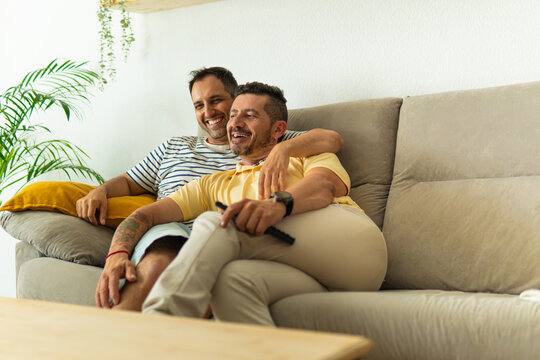 Gay couple enjoying home entertainment on sofa