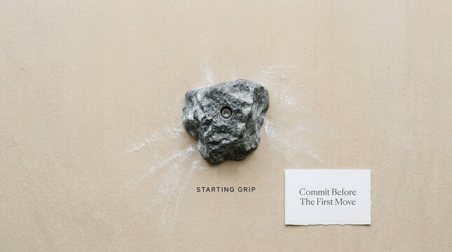 A grey rock climbing starting grip mounted on a beige wall with scattered white chalk dust and a small note card reading commit before the first move representing sport motivation and focus