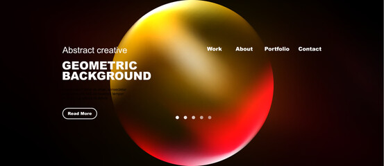 Modern website mockup features vibrant sphere, text elements, navigation menu. Minimalist design with dark background creates striking visual impact. © antishock