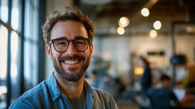 Smiling man in casual attire and glasses standing indoors with a warm smile.