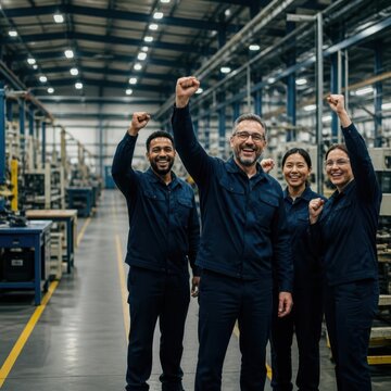 A diverse team of enthusiastic factory workers stands together in a well-lit industrial facility, triumphantly raising their fists in a gesture of shared accomplishment and successful production