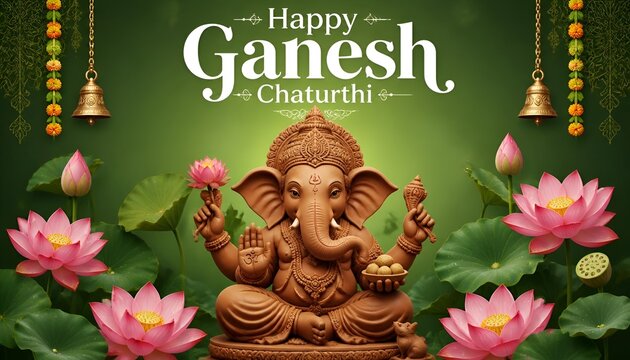 Lord ganesha statue surrounded by pink lotus flowers on ganesh chaturthi