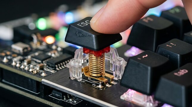 Macro view of a finger pressing a mechanical keyboard key switch highlighting internal gold spring and circuit board assembly