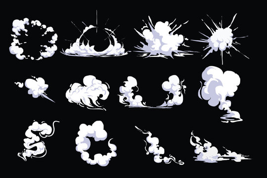 Cartoon explosion smoke and blast effect set with white dust cloud, steam burst, boom flash, animation sprite keyframes for video game isolated on black background.