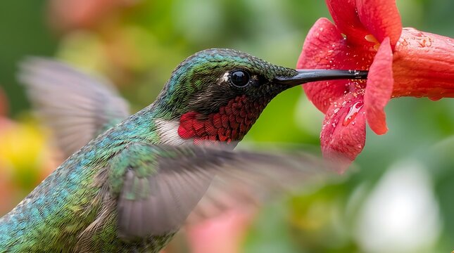 Close up macro photography of a male ruby-throated hummingbird feeding on a vibrant red flower in a lush garden setting during summer