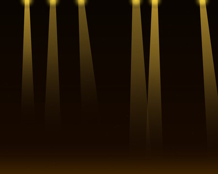 Bright yellow stage spotlights shining down in a dark black background creating a dramatic atmosphere for events and shows