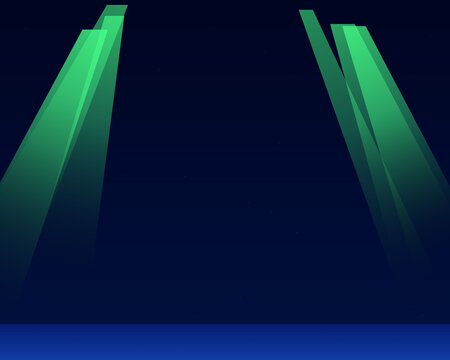 Abstract digital background with glowing green light beams shining from above on a dark blue space for modern tech design