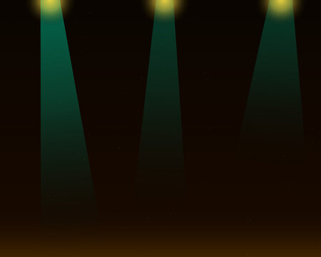 Three bright yellow spotlights shining down on a dark stage floor with glowing dust particles in the air for a theatrical event show