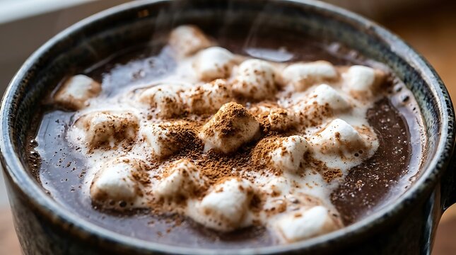 Steaming hot chocolate in a ceramic mug topped with melted mini marshmallows and cinnamon dust