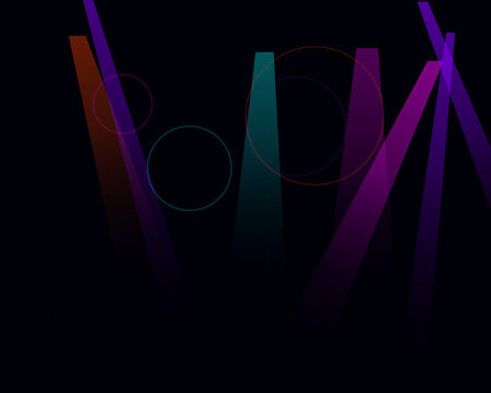 Abstract dark background with colorful glowing light beams and neon circle rings shining in the darkness for modern digital art