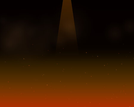 Bright spotlight shining down in a dark room with floating glowing particles and a warm orange gradient background for stage effect