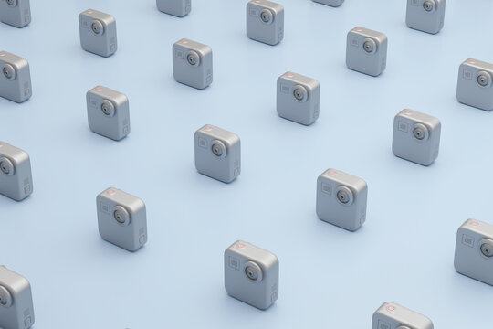 Minimalist 3D render pattern of grey action cameras on blue
