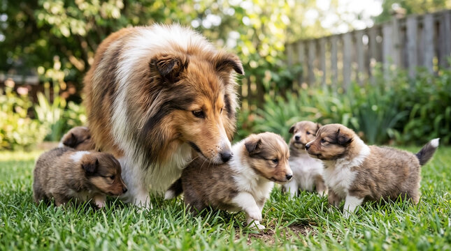 Shetland sheepdog with puppies on green grass. Caring shetland sheepdog mother guiding adorable offspring taking first steps outdoors. Sweet shetland sheepdog scene for pet care advertisements.