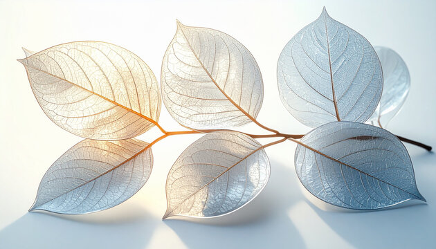 Elegant botanical leaves with transparent crystal glass texture