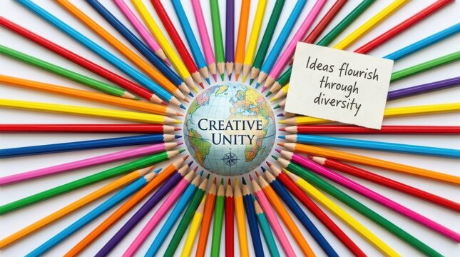 Vibrant rainbow colored pencils arranged in a radial circle pointing towards a mini globe with creative unity text, representing global diversity, inclusion, and artistic collaboration