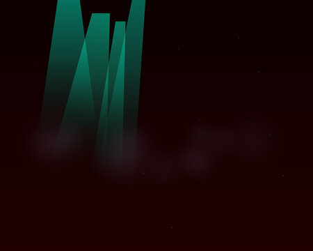 Abstract green glowing crystal shapes emerging from dark foggy ground with small floating particles in a mysterious night scene