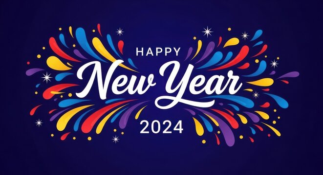 Happy new year 2024 greeting card design with colorful abstract firework splashes on dark blue background