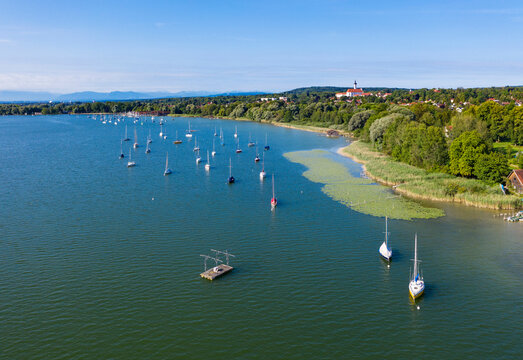 Aerial view of boats in Ammersee lake at Upper Bavaria, Germany