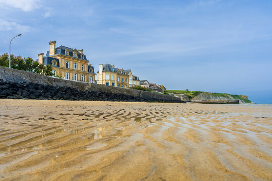 Houses on the sandy coast of Omaha Beach in Normandy
