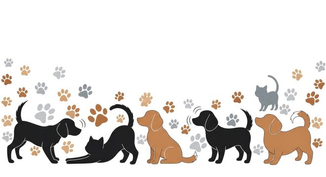 Adorable Animal Silhouettes With Paw Prints Dogs and Cats Vector Illustration